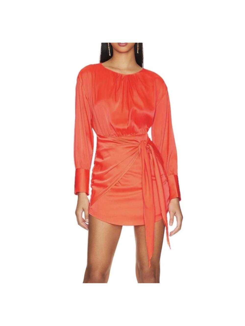 Steve Madden Neon Coral Orange Long Sleeve Satin Wrap Dress Women's Size 4
